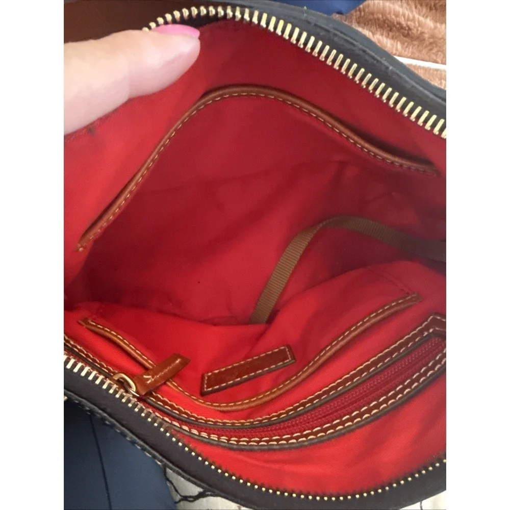 Dooney & Bourke Black Ostrich Embossed Leather Hobo Shoulder Bag Red Lining